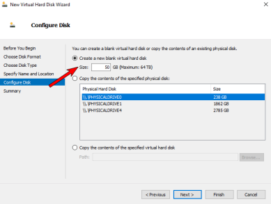 Wizard showing the configure disk section and an arrow to the Size field to specify the size of the virtual hard disk.